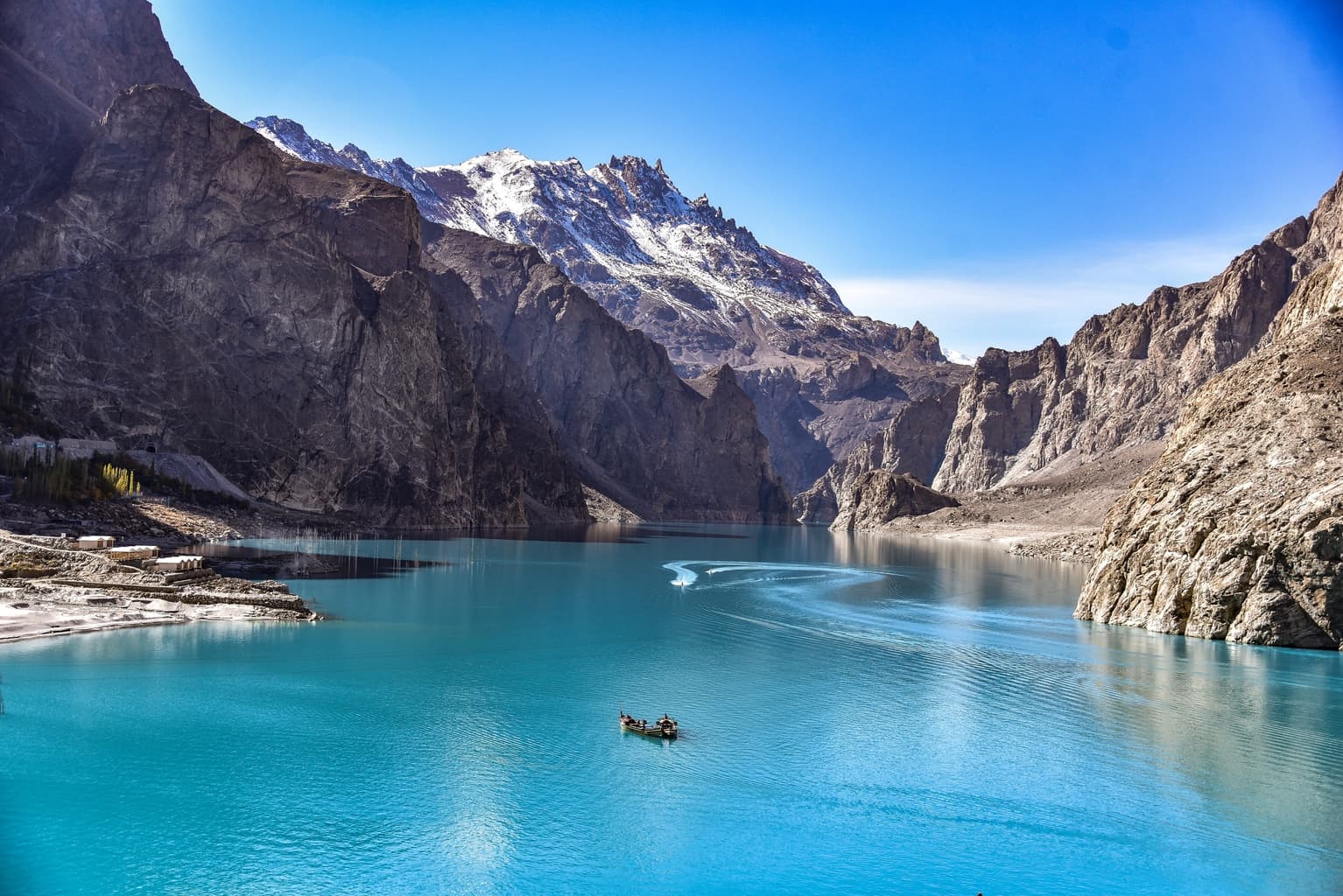 Attabad Lake in Hunza, Gilgit-Baltistan with turquoise water and mountains